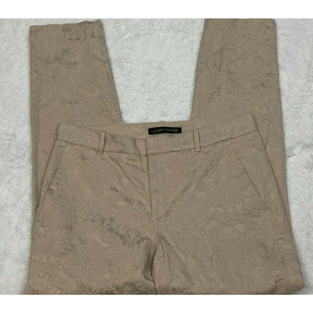Zara Woman Brocade Cropped Straight Leg Beige Dress Pants Medium